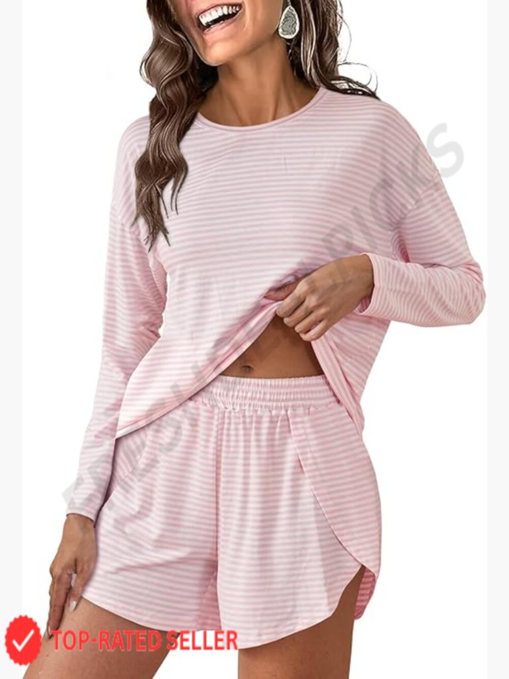Long Sleeve Pajama Set 2 Piece Lounge Matching Short Set Striped Pjs Loungewear